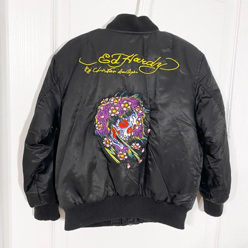 Y2K Ed Hardy Kids Skull Embroidered Satin Bomber Jacket Black Boys 6/7